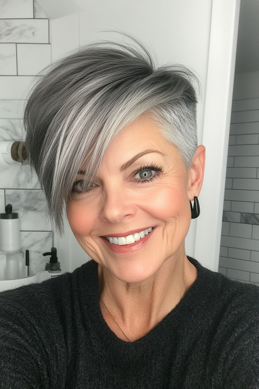 24. Asymmetrical Undercut Pixie in Slate Gray (Asymmetrical Hairstyles For Older Women) - Asymmetrical Hairstyles For Older Women