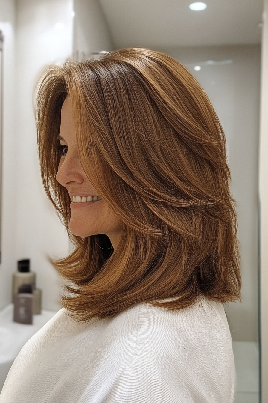 1. Softly Layered Lob in Warm Chestnut Brown (Long Bob Hairstyles With Layers For Women Over 40) - Long Bob Hairstyles With Layers For Women Over 40