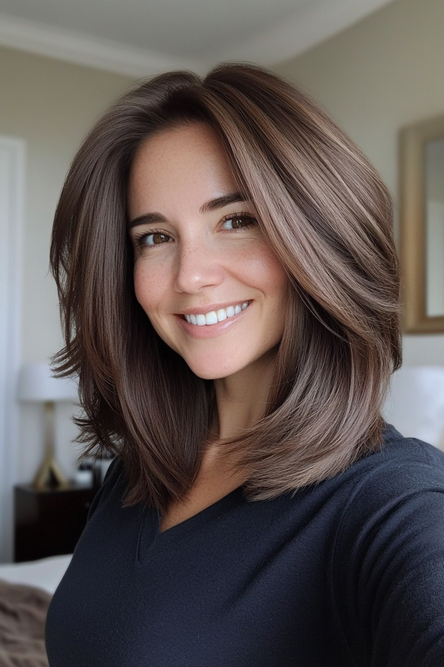 2. Textured Lob with Feathered Ends in Dark Chocolate Brown (Long Bob Hairstyles With Layers For Women Over 40) - Long Bob Hairstyles With Layers For Women Over 40