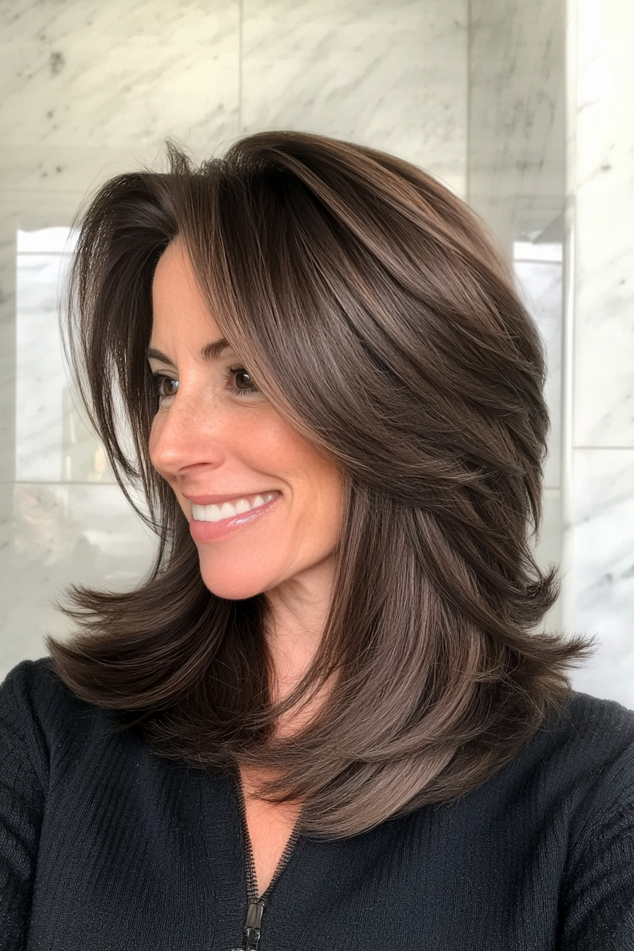 4. Graduated Layered Lob in Cool Espresso Brown (Long Bob Hairstyles With Layers For Women Over 40) - Long Bob Hairstyles With Layers For Women Over 40