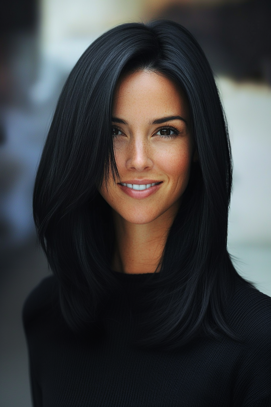 6. Sleek Long Bob with Invisible Layers in Jet Black (Long Bob Hairstyles With Layers For Women Over 40) - Long Bob Hairstyles With Layers For Women Over 40