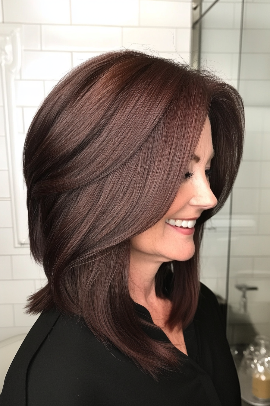 9. Angled Lob with Blended Layers in Deep Mahogany Brown (Long Bob Hairstyles With Layers For Women Over 40) - Long Bob Hairstyles With Layers For Women Over 40