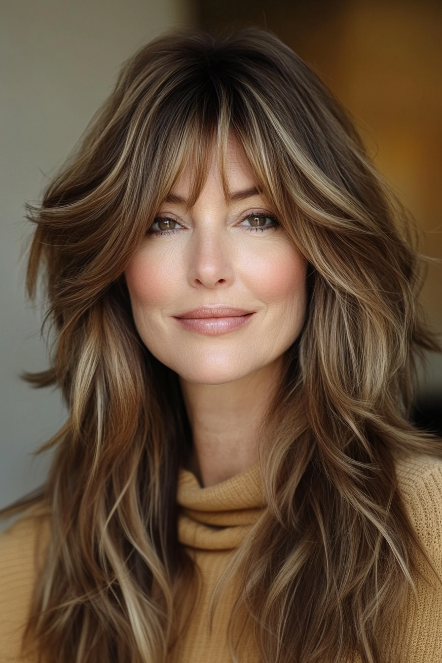 10. Long Layered Bob with Curtain Bangs in Light Caramel Brown (Long Bob Hairstyles With Layers For Women Over 40) - Long Bob Hairstyles With Layers For Women Over 40