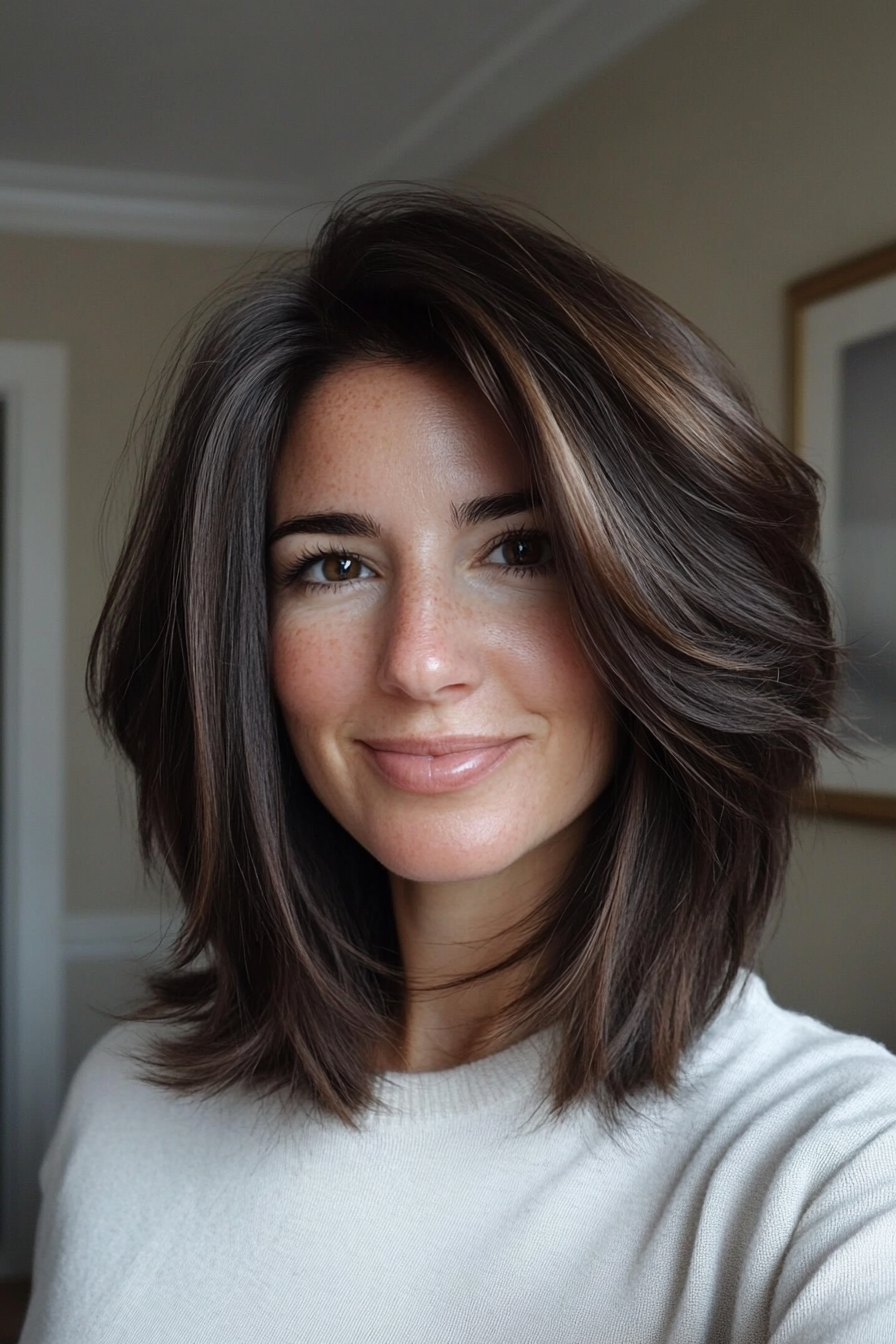 11. Choppy Layered Lob in Natural Dark Brown (Long Bob Hairstyles With Layers For Women Over 40) - Long Bob Hairstyles With Layers For Women Over 40