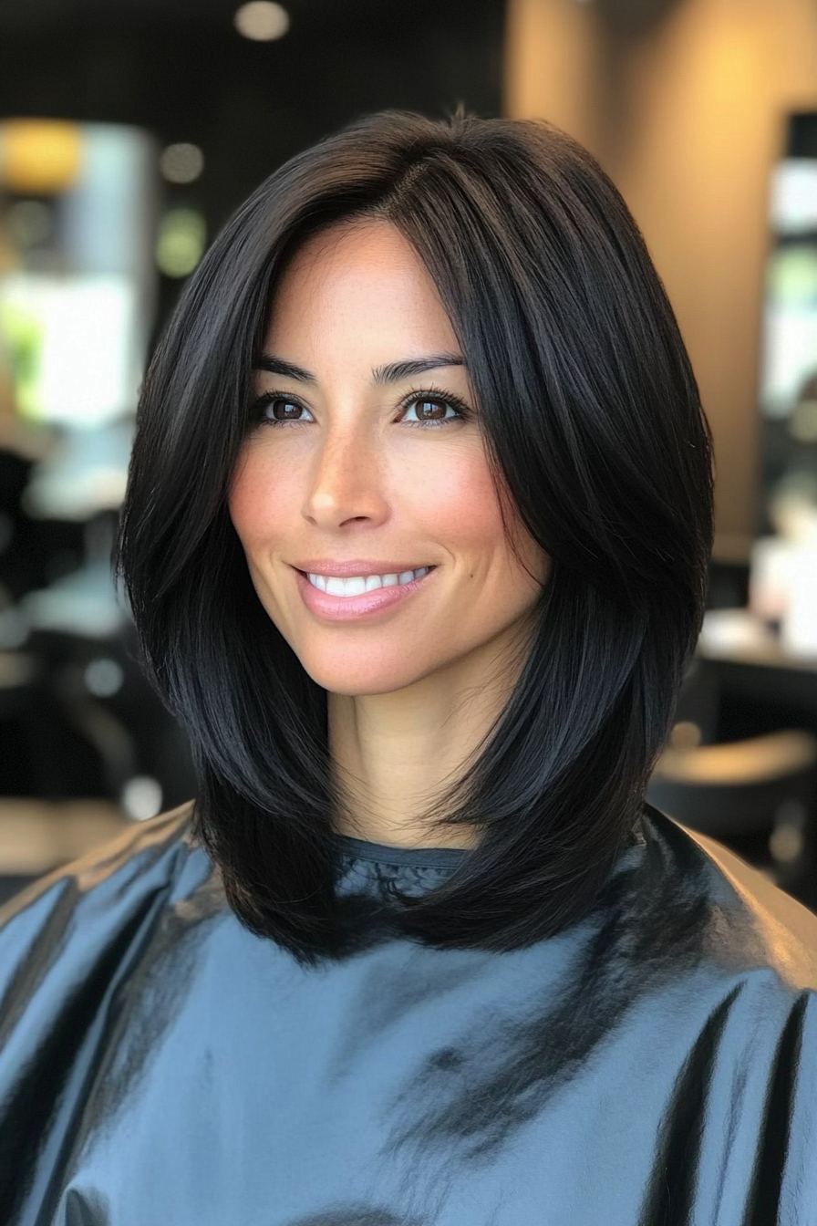 13. Sculpted Long Bob with Subtle Layers in Natural Black (Long Bob Hairstyles With Layers For Women Over 40) - Long Bob Hairstyles With Layers For Women Over 40