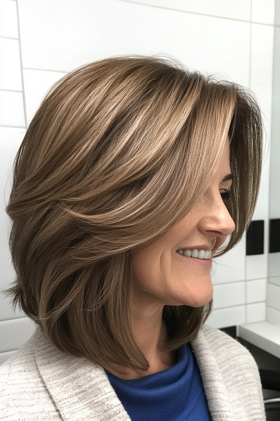 17. Lob with Swoopy Layers in Light Ash Brown (Long Bob Hairstyles With Layers For Women Over 40) - Long Bob Hairstyles With Layers For Women Over 40