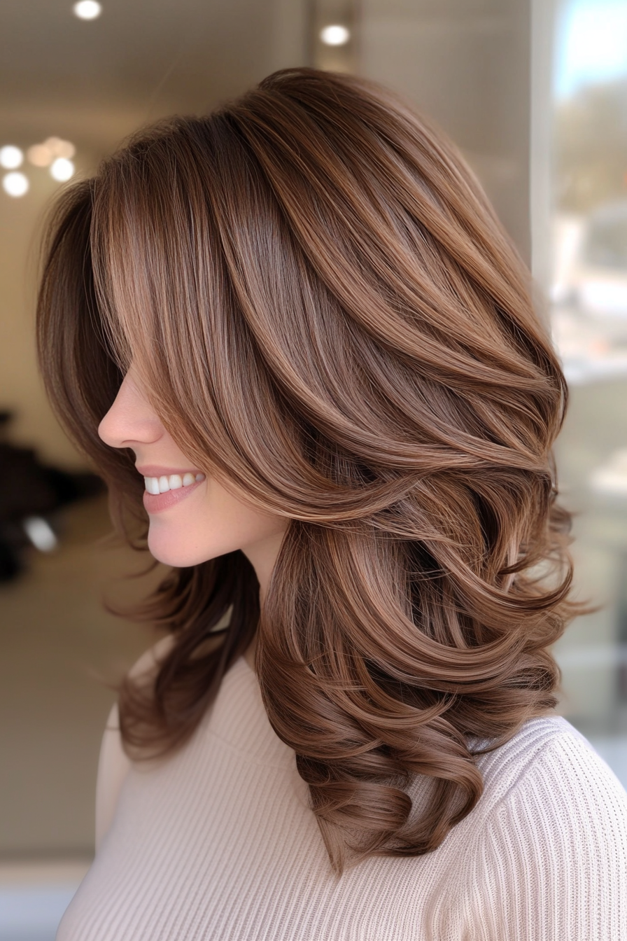 18. Layered Long Bob with Soft Curls in Dark Chestnut Brown (Long Bob Hairstyles With Layers For Women Over 40) - Long Bob Hairstyles With Layers For Women Over 40