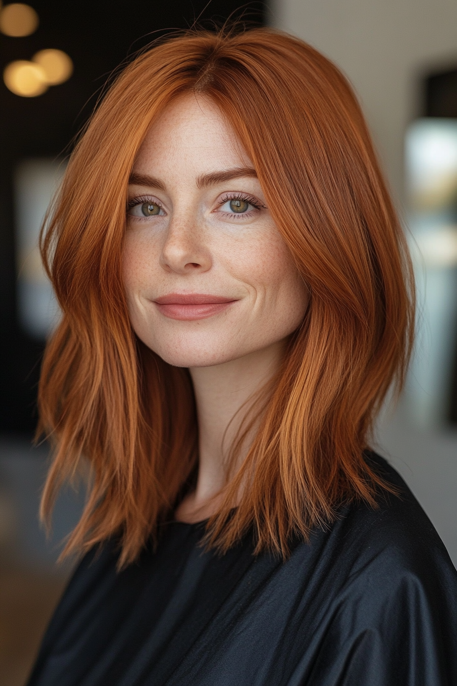 19. Blunt Lob with Subtle Layers in Medium Copper Brown (Long Bob Hairstyles With Layers For Women Over 40) - Long Bob Hairstyles With Layers For Women Over 40
