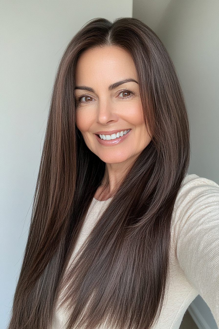 2. Classic U-Cut with Chocolate Brown (Long Straight Hairstyles For Women Over 50) - Long Straight Hairstyles For Women Over 50