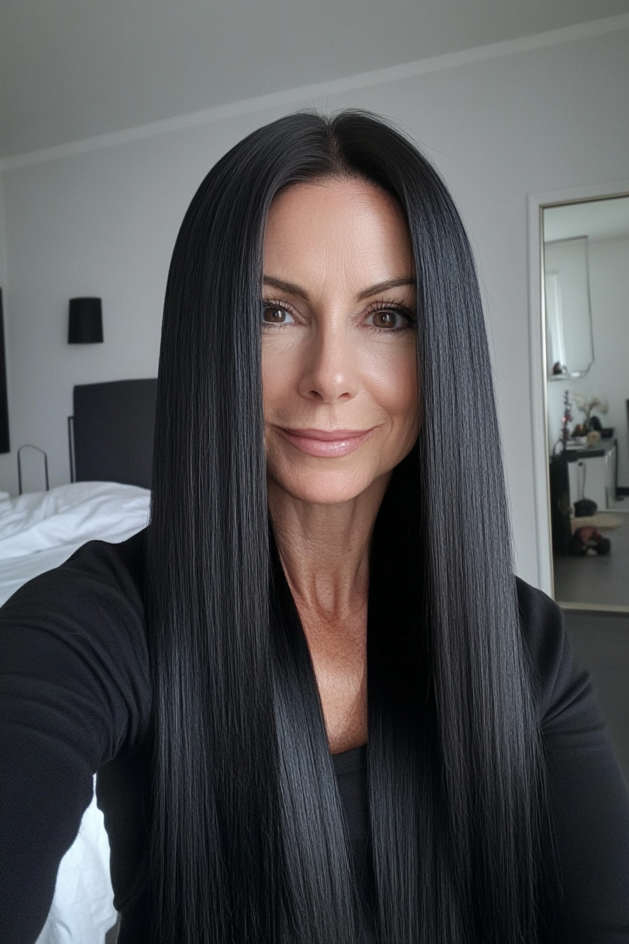 3. Long Blunt Cut with Jet Black Gloss (Long Straight Hairstyles For Women Over 50) - Long Straight Hairstyles For Women Over 50