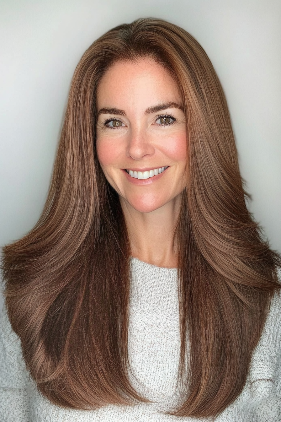 4. Soft Layers with Warm Chestnut Brown (Long Straight Hairstyles For Women Over 50) - Long Straight Hairstyles For Women Over 50