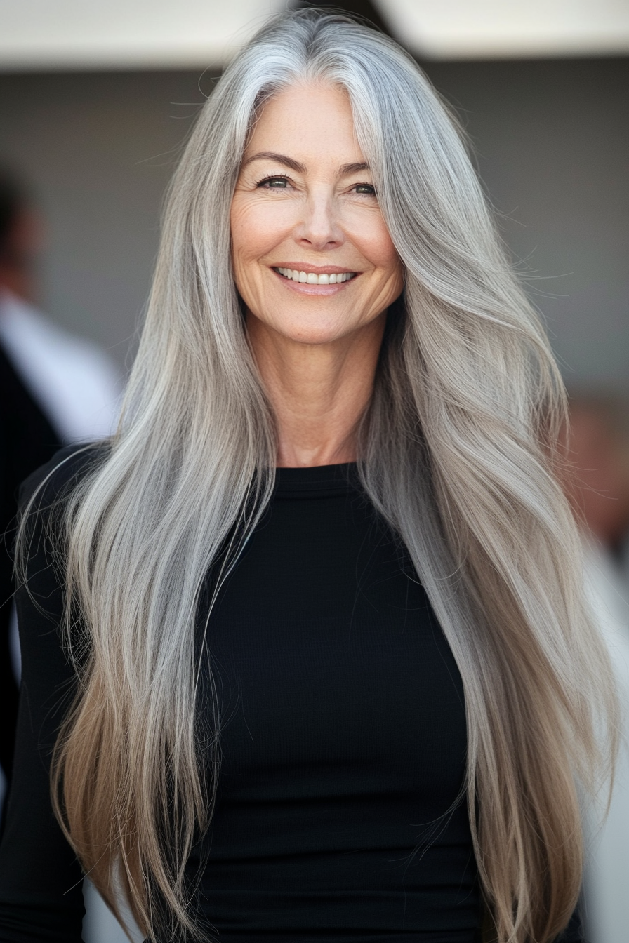 6. Subtle V-Cut with Silver Gray (Long Straight Hairstyles For Women Over 50) - Long Straight Hairstyles For Women Over 50