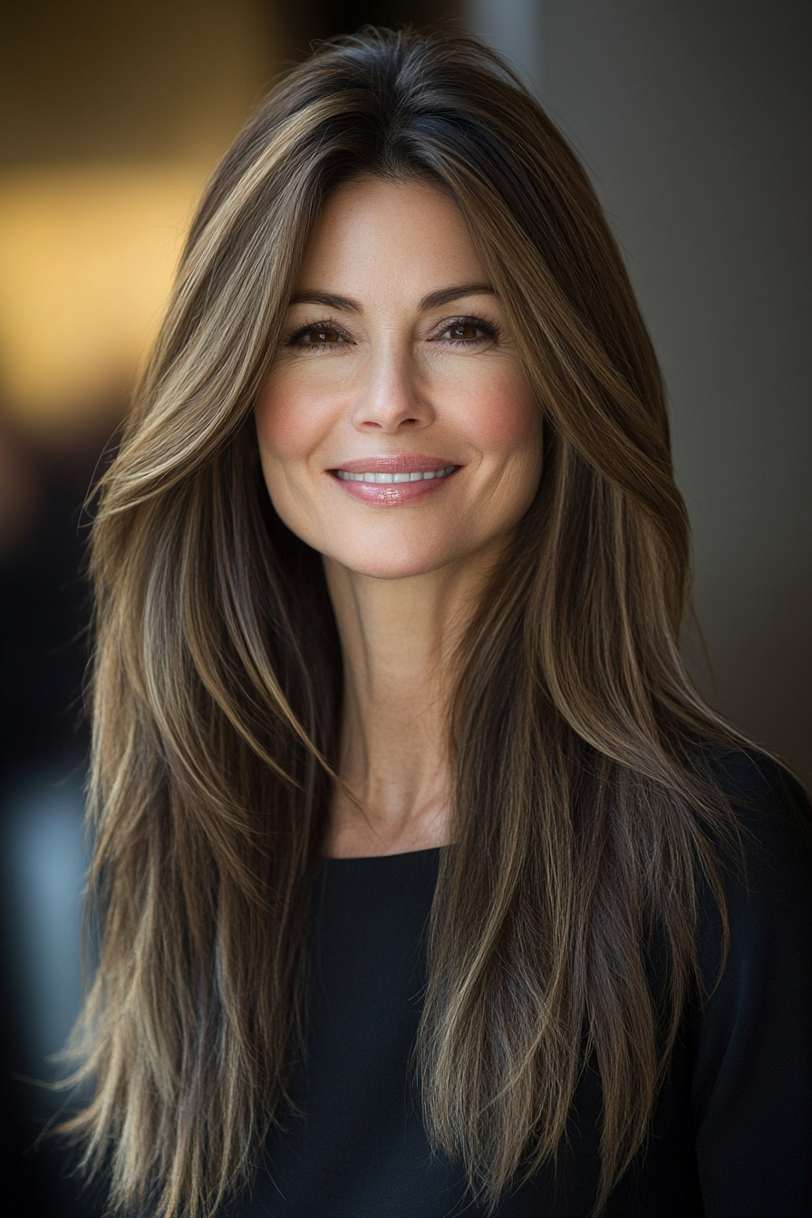 7. Sleek Layered Cut with Medium Ash Brown (Long Straight Hairstyles For Women Over 50) - Long Straight Hairstyles For Women Over 50