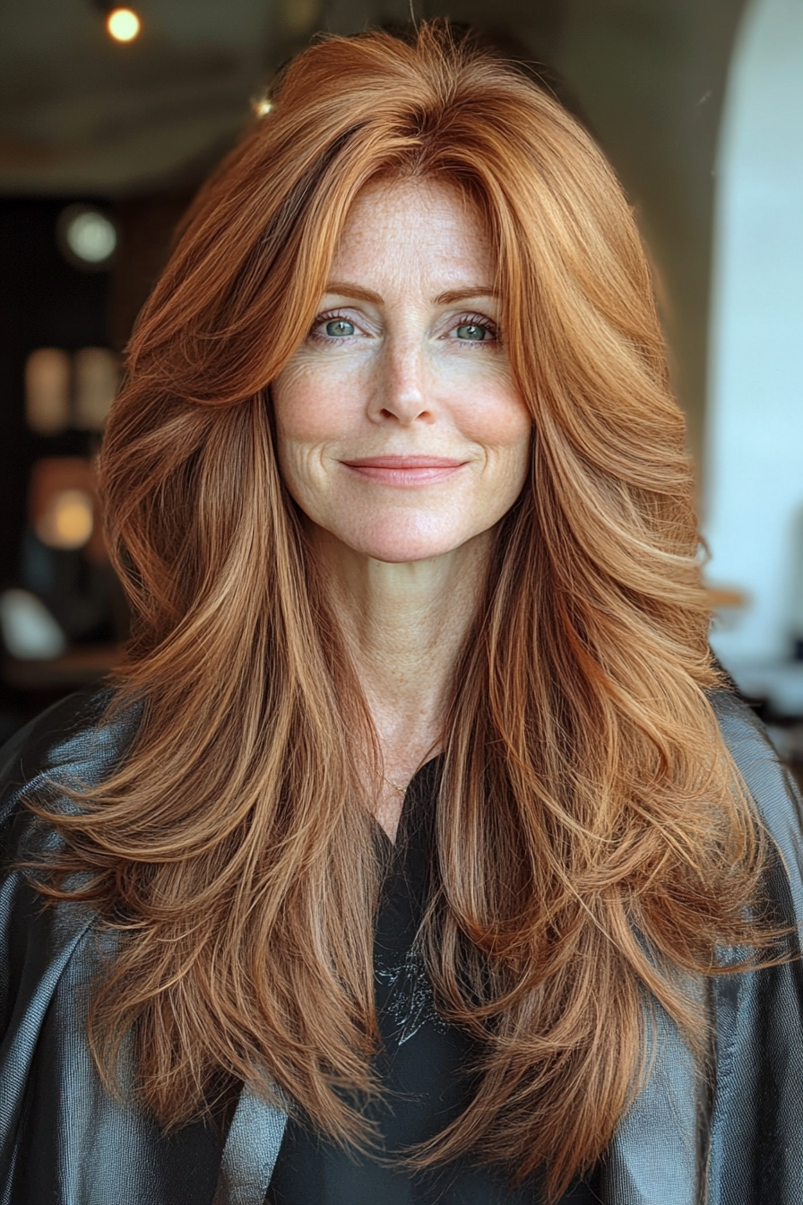 8. Long Shag Layers with Soft Auburn (Long Straight Hairstyles For Women Over 50) - Long Straight Hairstyles For Women Over 50