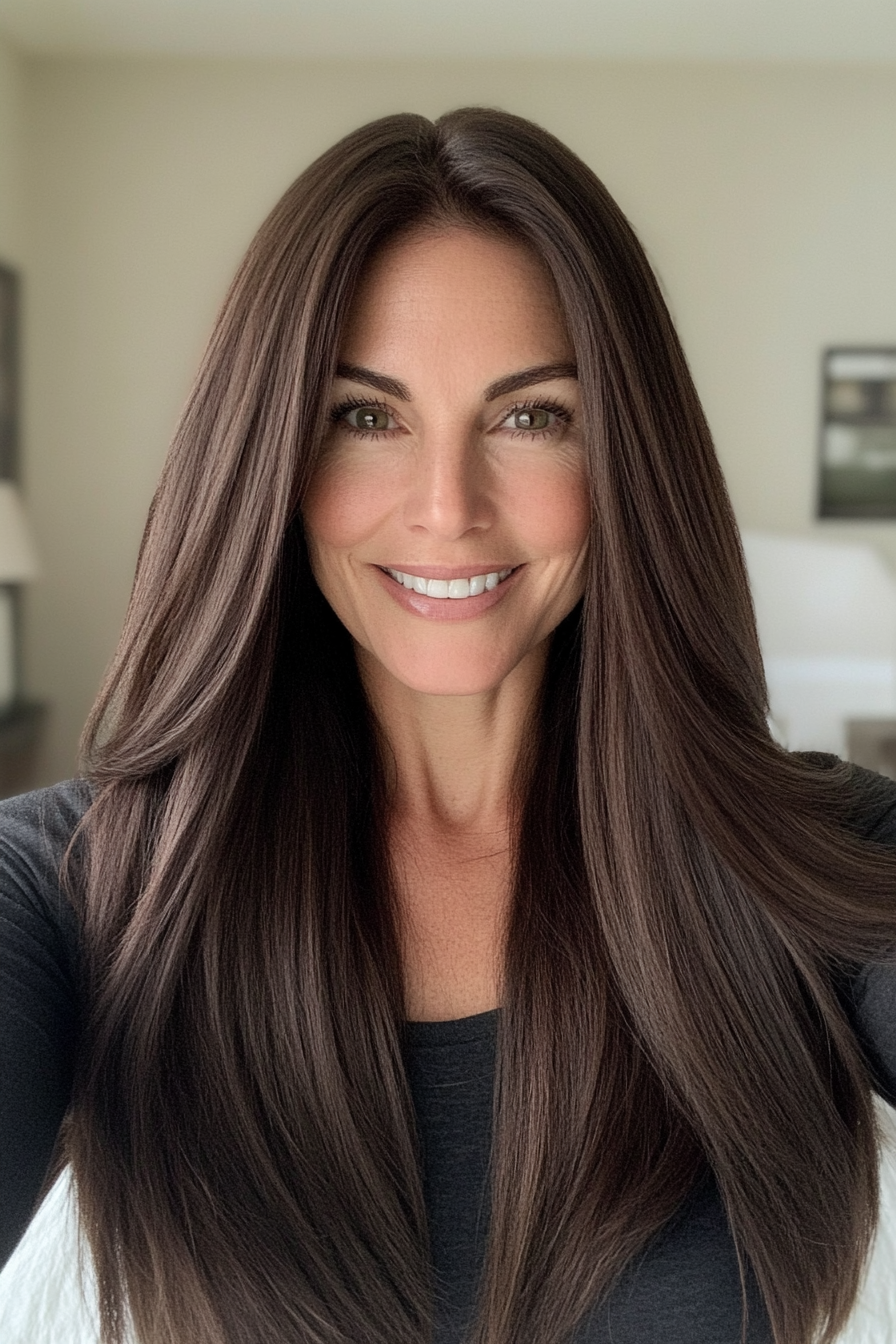 10. Face-Framing Layers with Deep Espresso Brown (Long Straight Hairstyles For Women Over 50) - Long Straight Hairstyles For Women Over 50