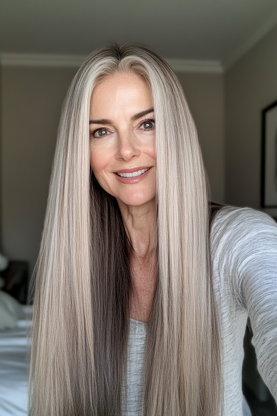 11. One-Length Glossy Cut with Dark Blonde (Long Straight Hairstyles For Women Over 50) - Long Straight Hairstyles For Women Over 50