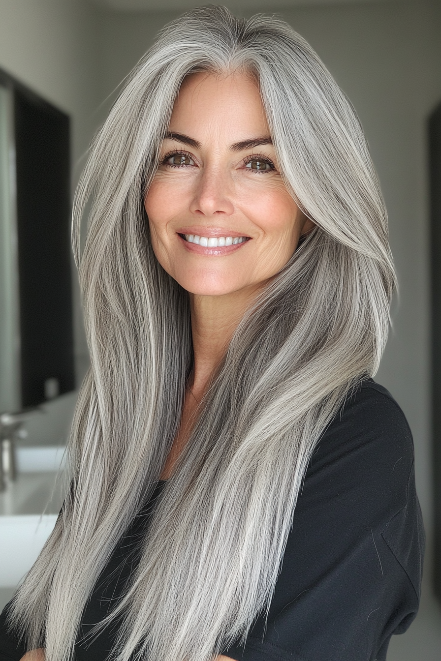 12. Angled Layers with Salt and Pepper Blend (Long Straight Hairstyles For Women Over 50) - Long Straight Hairstyles For Women Over 50