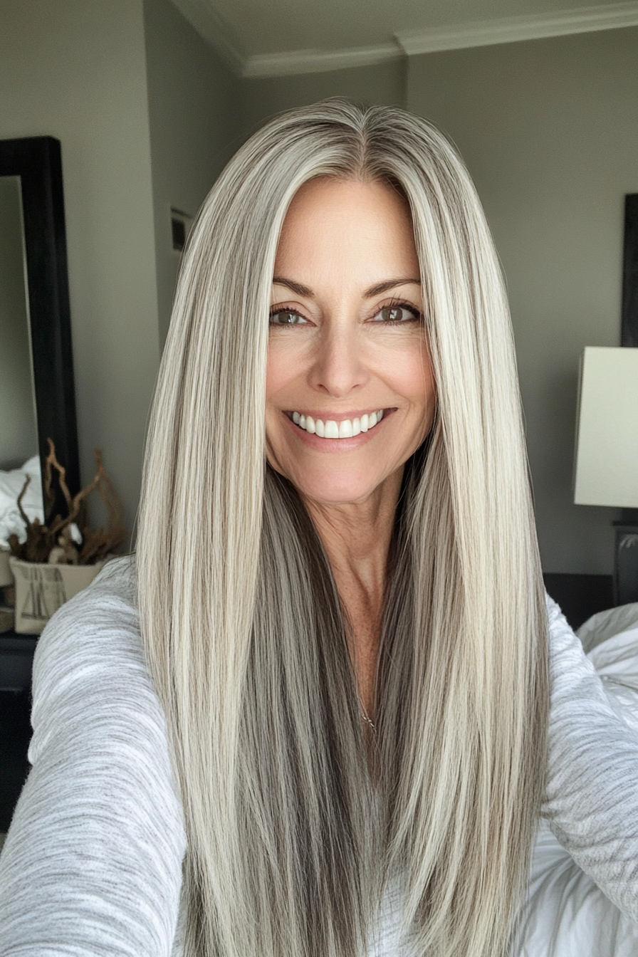 13. Tapered Ends with Light Ash Blonde (Long Straight Hairstyles For Women Over 50) - Long Straight Hairstyles For Women Over 50