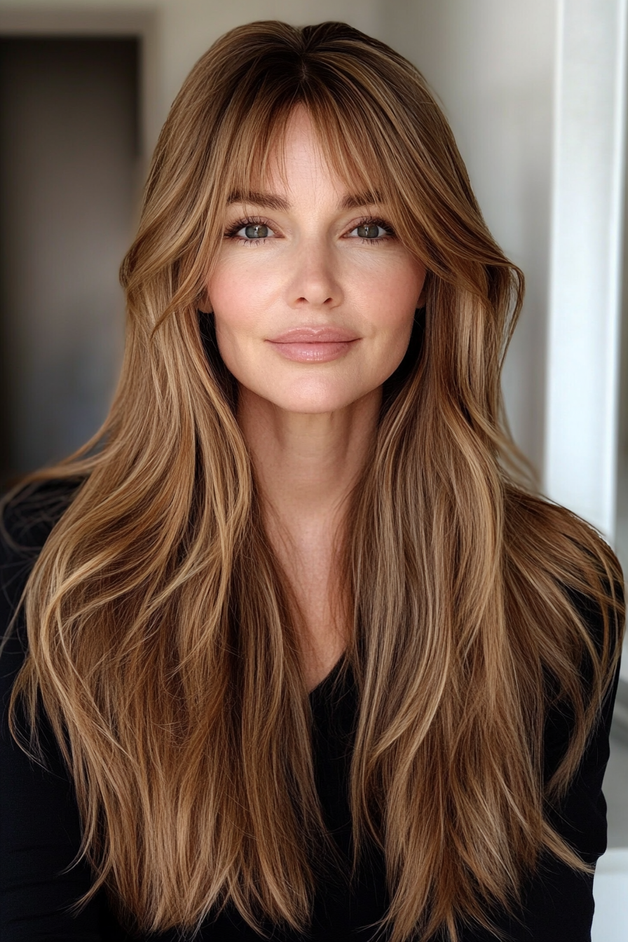 14. Long Cut with Curtain Bangs and Caramel Brown (Long Straight Hairstyles For Women Over 50) - Long Straight Hairstyles For Women Over 50