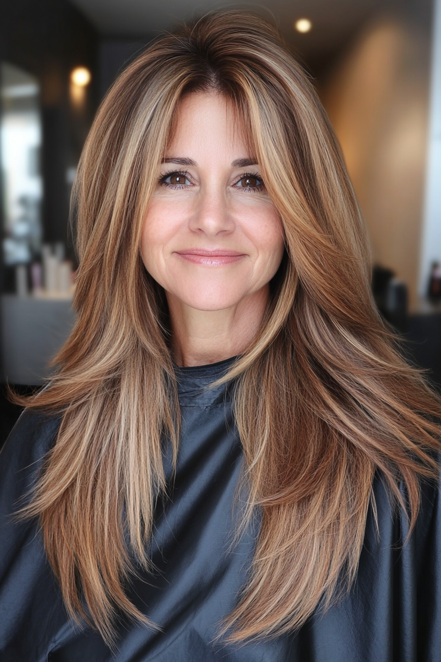 15. Straight Cut with Long Side Bangs and Golden Brown (Long Straight Hairstyles For Women Over 50) - Long Straight Hairstyles For Women Over 50