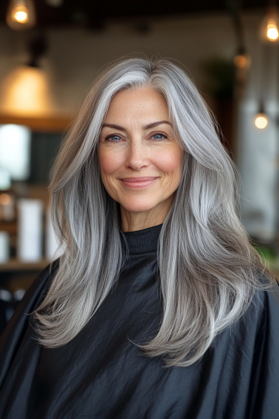 16. Minimal Layers with Natural Gray (Long Straight Hairstyles For Women Over 50) - Long Straight Hairstyles For Women Over 50