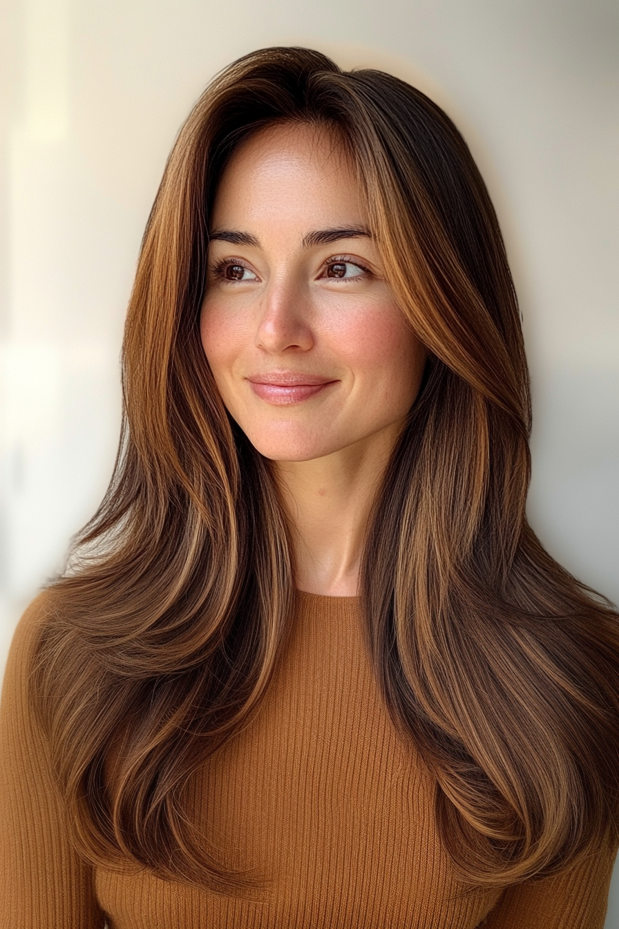 17. Graduated Layers with Rich Mocha Brown (Long Straight Hairstyles For Women Over 50) - Long Straight Hairstyles For Women Over 50