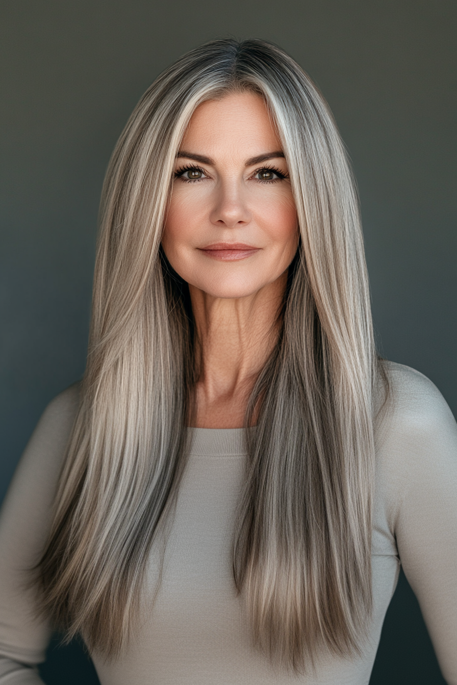 18. Long Sleek Hair with Ashy Dark Blonde (Long Straight Hairstyles For Women Over 50) - Long Straight Hairstyles For Women Over 50
