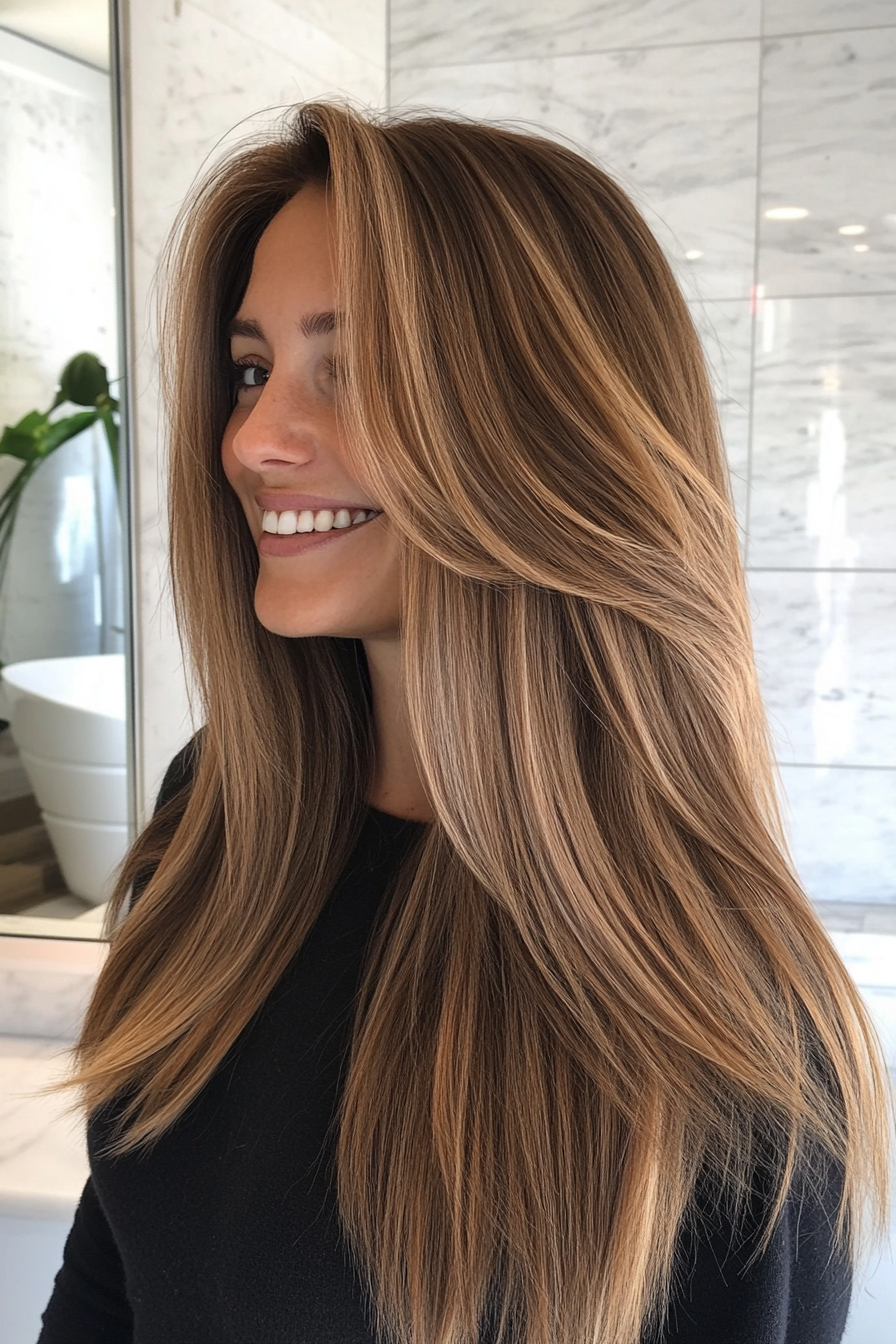 19. Textured Ends with Bronze Brown (Long Straight Hairstyles For Women Over 50) - Long Straight Hairstyles For Women Over 50