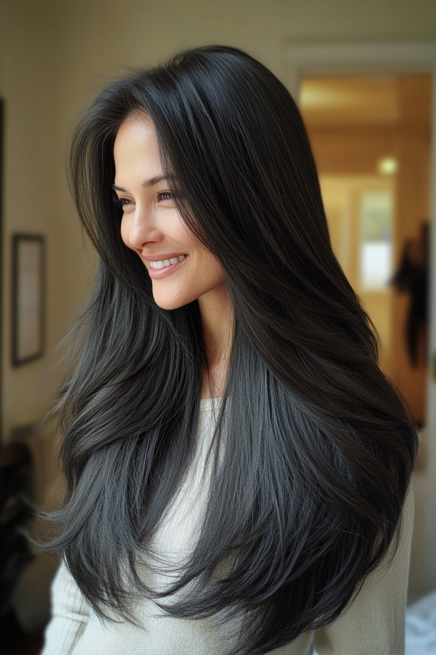20. Layered Length with Classic Black (Long Straight Hairstyles For Women Over 50) - Long Straight Hairstyles For Women Over 50