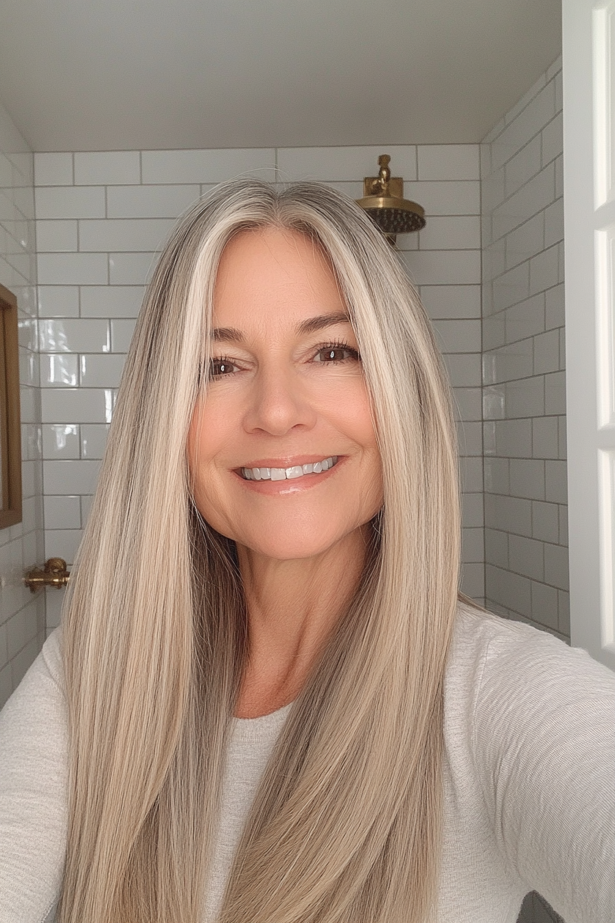 21. Soft Blunt Cut with Pale Beige Blonde (Long Straight Hairstyles For Women Over 50) - Long Straight Hairstyles For Women Over 50