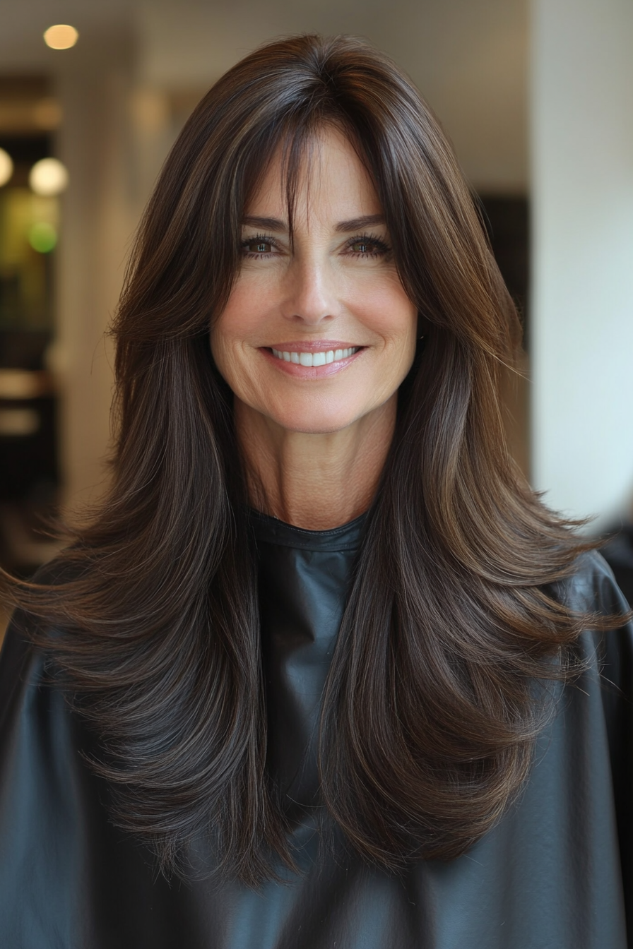 22. Elongated Layers with Rich Dark Brown (Long Straight Hairstyles For Women Over 50) - Long Straight Hairstyles For Women Over 50