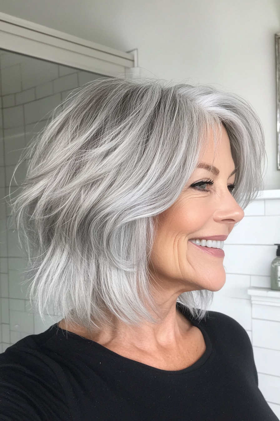 1. Tousled Silver Layered Bob (Sassy Haircuts For Older Women) - Sassy Haircuts For Older Women
