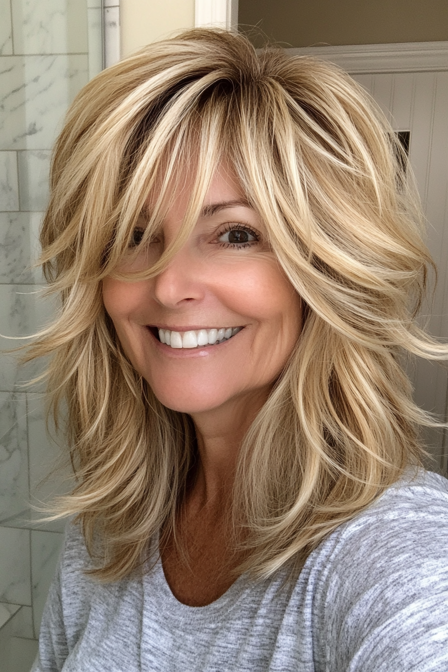 3. Golden Blonde Feathered Shag (Sassy Haircuts For Older Women) - Sassy Haircuts For Older Women