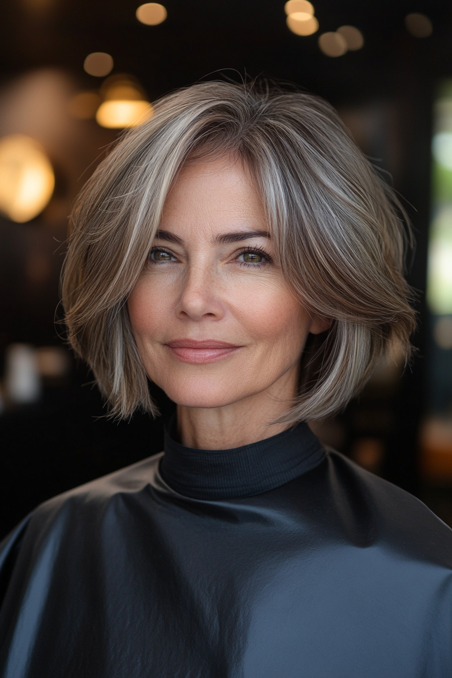 6. Salt-and-Pepper Angled Bob (Sassy Haircuts For Older Women) - Sassy Haircuts For Older Women