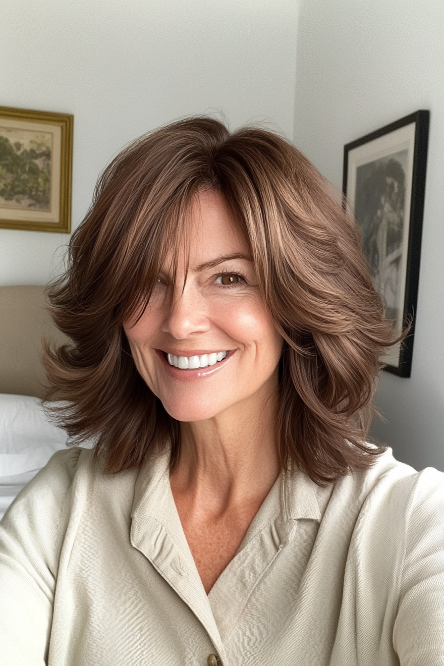 14. Walnut Brown Shoulder-Length Flip (Sassy Haircuts For Older Women) - Sassy Haircuts For Older Women