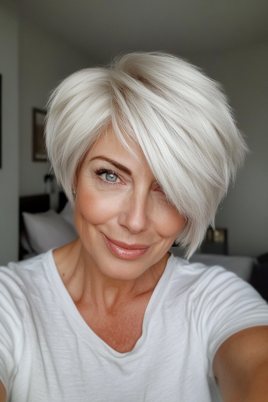 15. Platinum Layered Pixie with Volume (Sassy Haircuts For Older Women) - Sassy Haircuts For Older Women