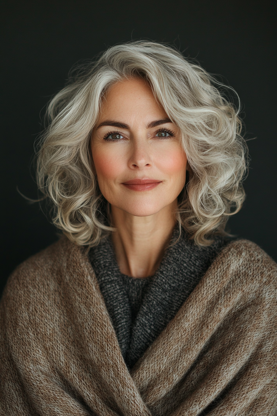 16. Warm Sand Curly Lob (Sassy Haircuts For Older Women) - Sassy Haircuts For Older Women