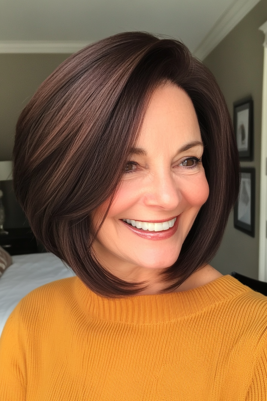 18. Dark Mocha Sleek Angled Bob (Sassy Haircuts For Older Women) - Sassy Haircuts For Older Women