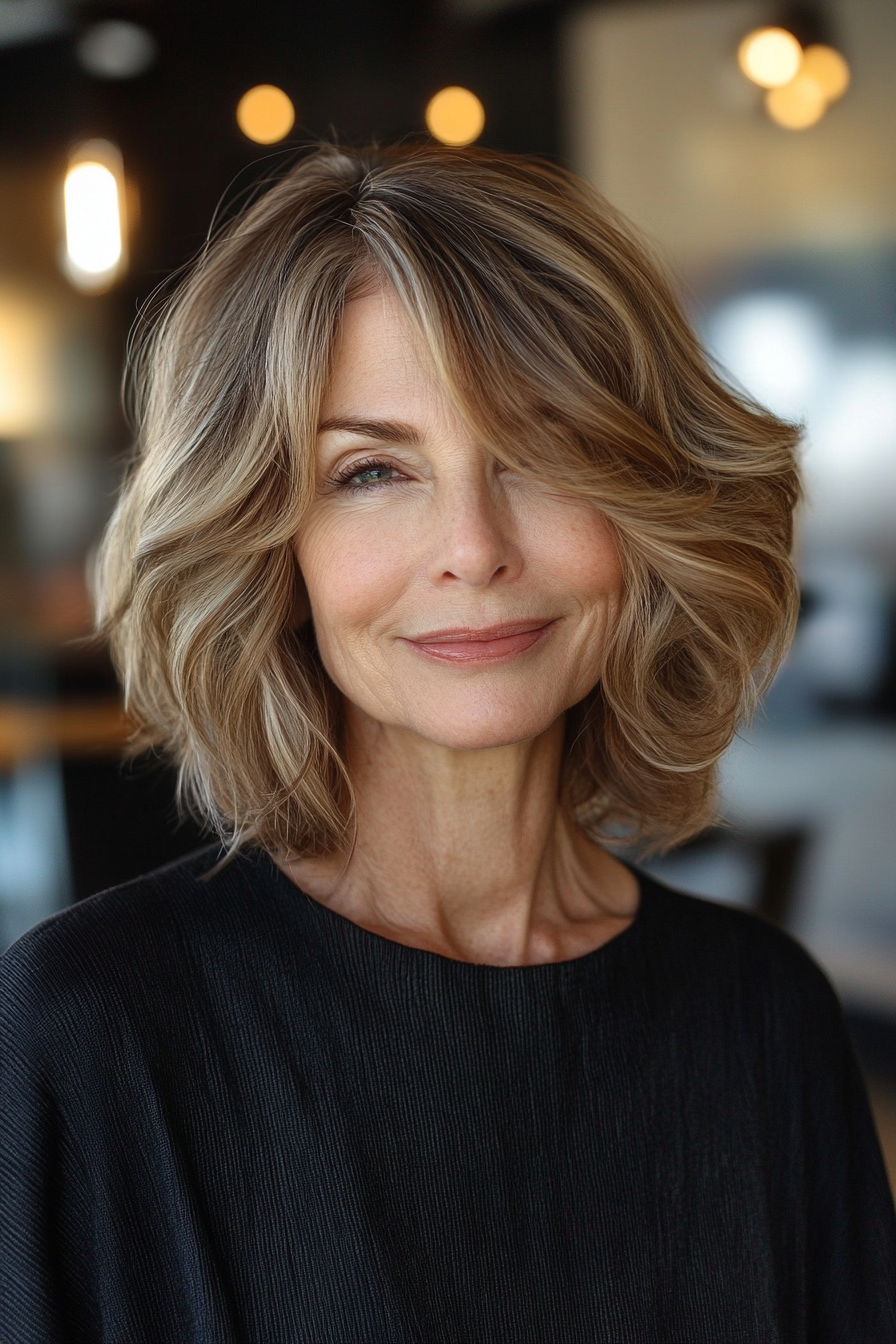 19. Sun-Kissed Light Brown Wavy Bob (Sassy Haircuts For Older Women) - Sassy Haircuts For Older Women