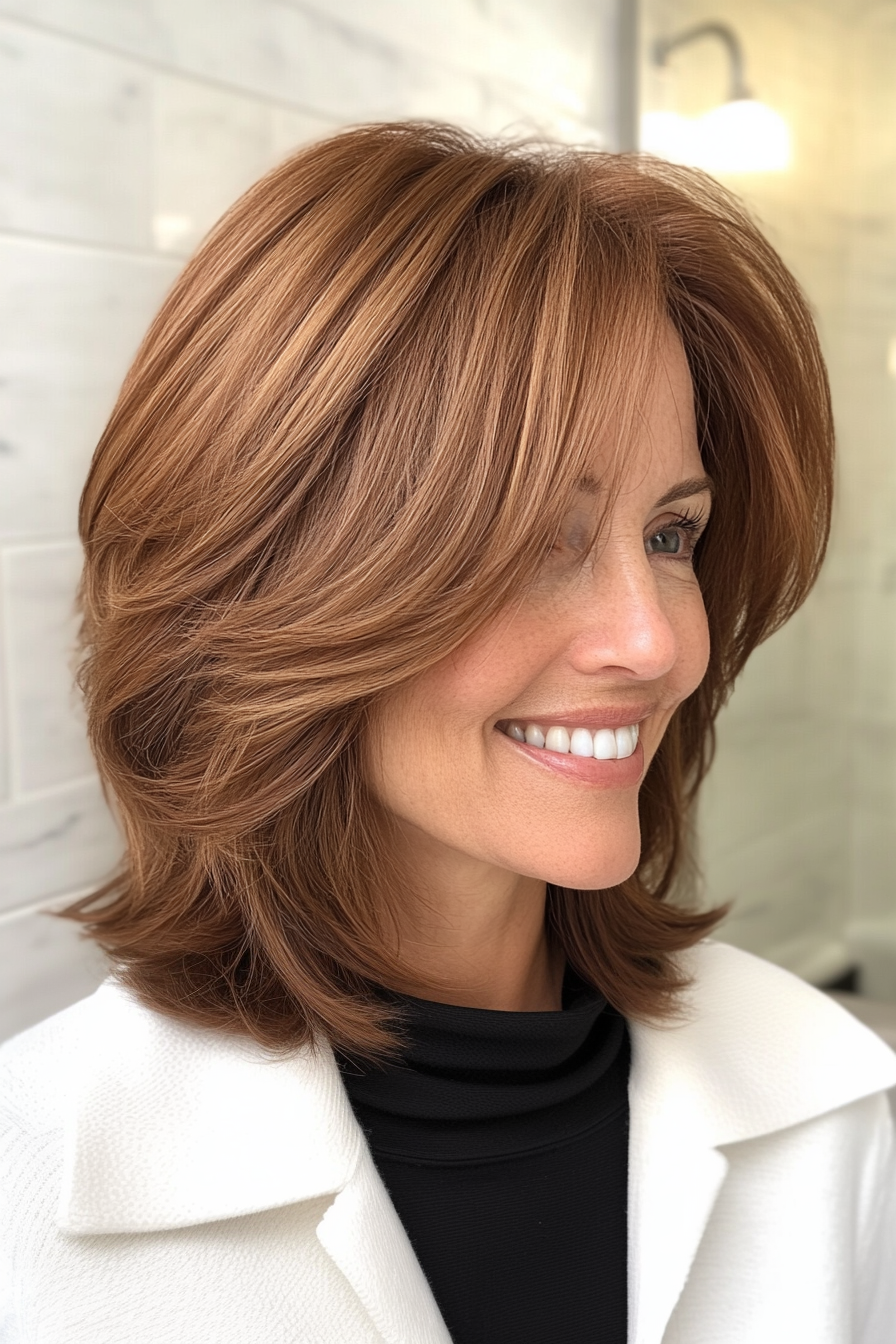 23. Medium Chestnut Layered Bob with Bangs (Sassy Haircuts For Older Women) - Sassy Haircuts For Older Women
