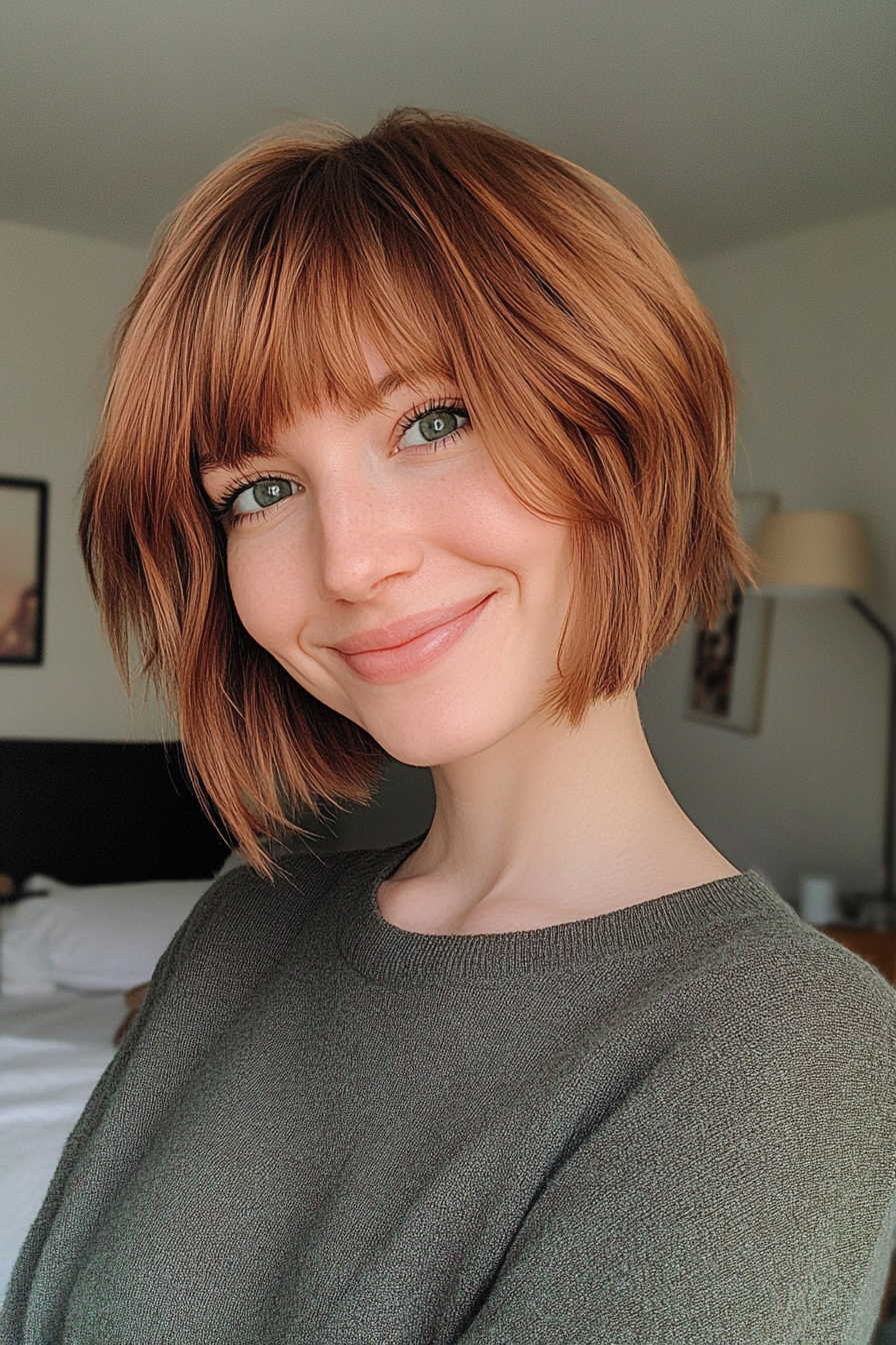 3. Chestnut Layered Bob with Blunt Bangs (Short Grunge Haircuts With Bangs) - Short Grunge Haircuts With Bangs