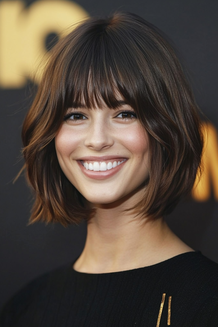 6. Warm Brunette French Bob with Curtain Bangs (Short Grunge Haircuts With Bangs) - Short Grunge Haircuts With Bangs