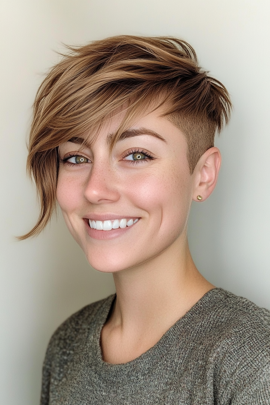 7. Sandy Brown Undercut Pixie with Side Bangs (Short Grunge Haircuts With Bangs) - Short Grunge Haircuts With Bangs
