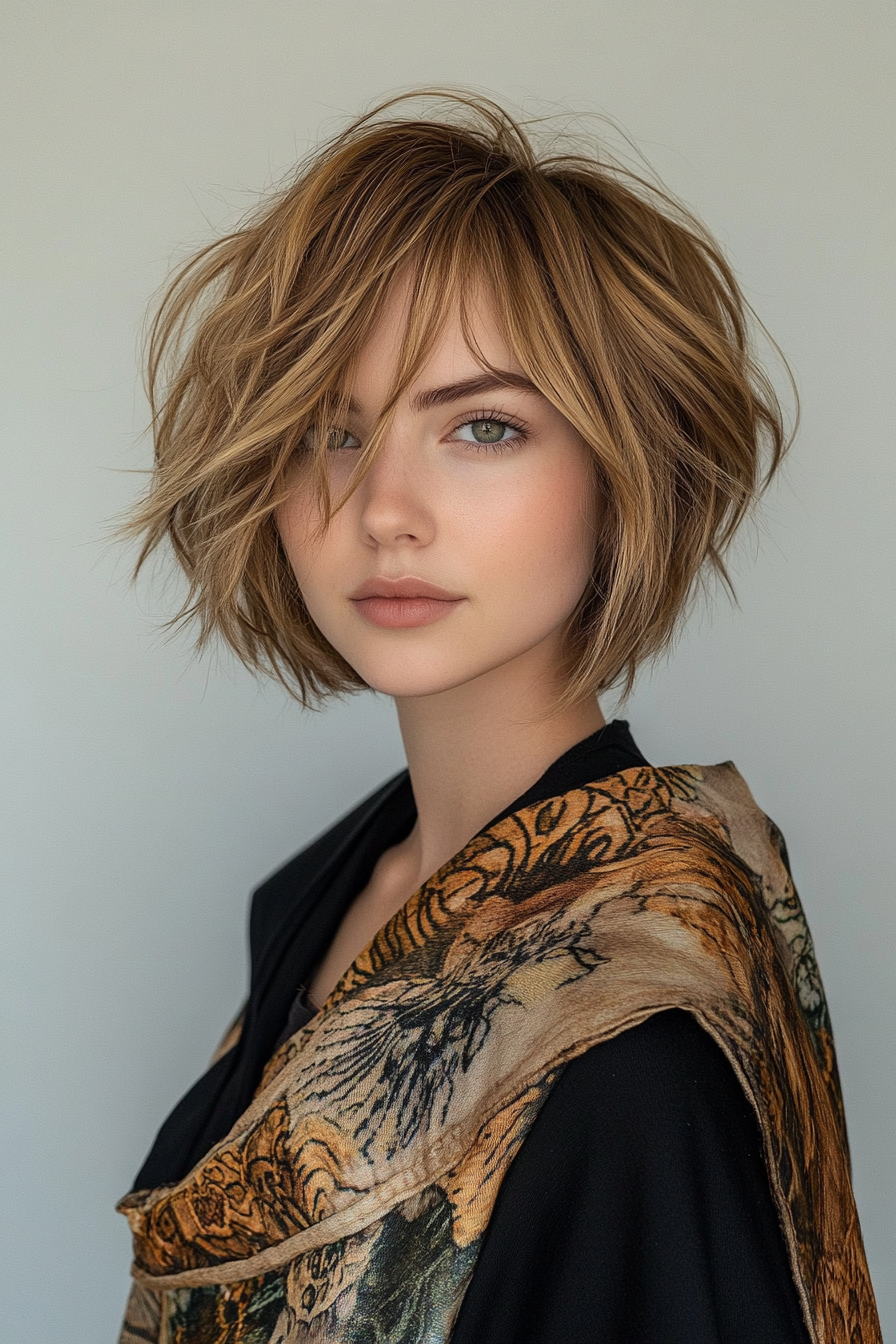 13. Golden Brown Choppy Bob with Side Fringe (Short Grunge Haircuts With Bangs) - Short Grunge Haircuts With Bangs