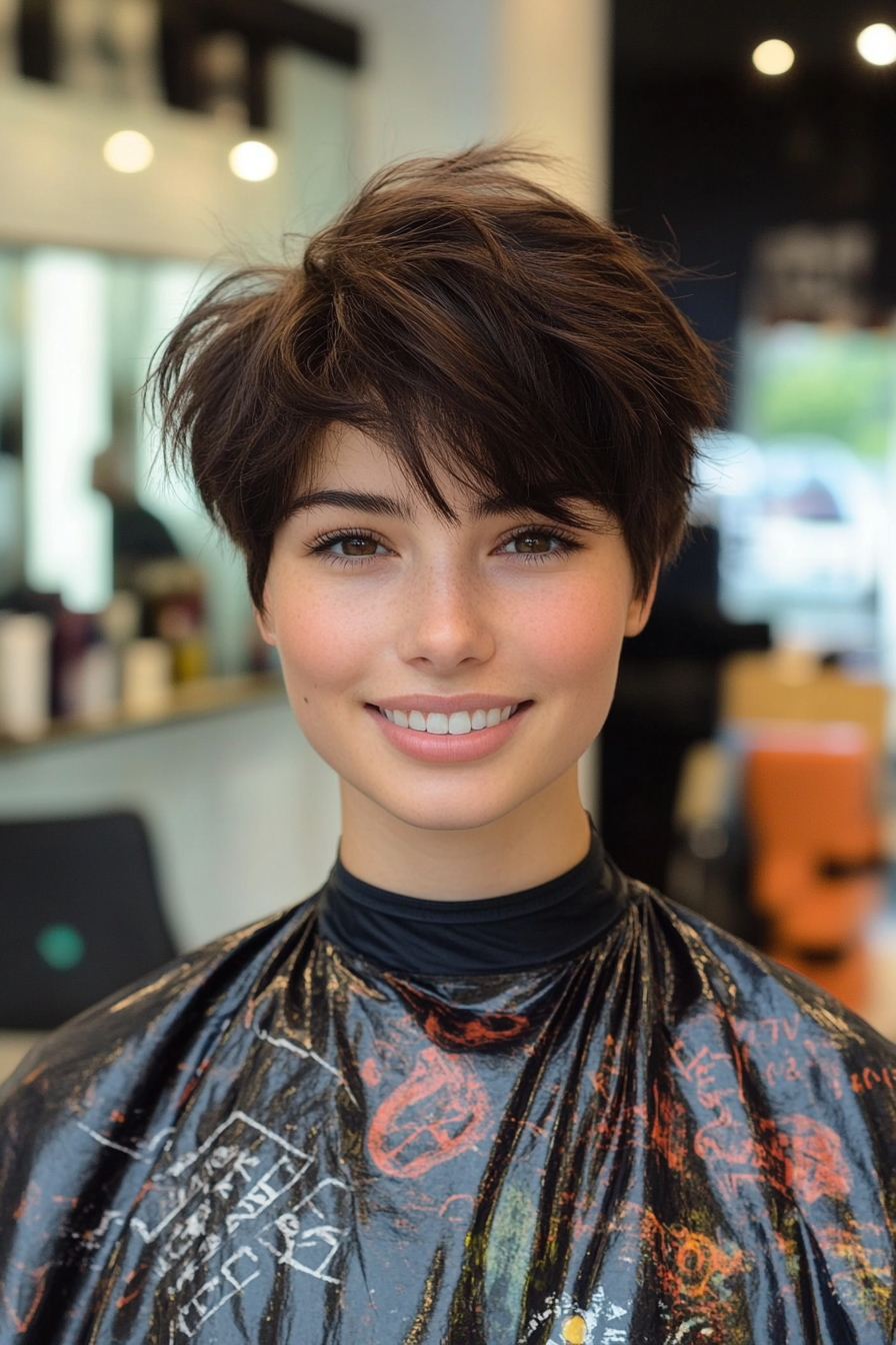 14. Dark Chocolate Layered Pixie with Fringe (Short Grunge Haircuts With Bangs) - Short Grunge Haircuts With Bangs
