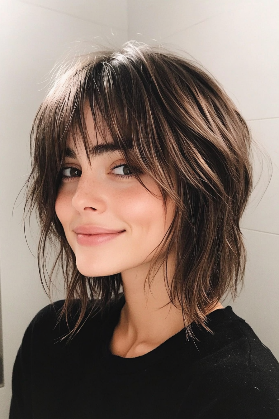 17. Cool Brown Textured Cut with Shadow Bangs (Short Grunge Haircuts With Bangs) - Short Grunge Haircuts With Bangs