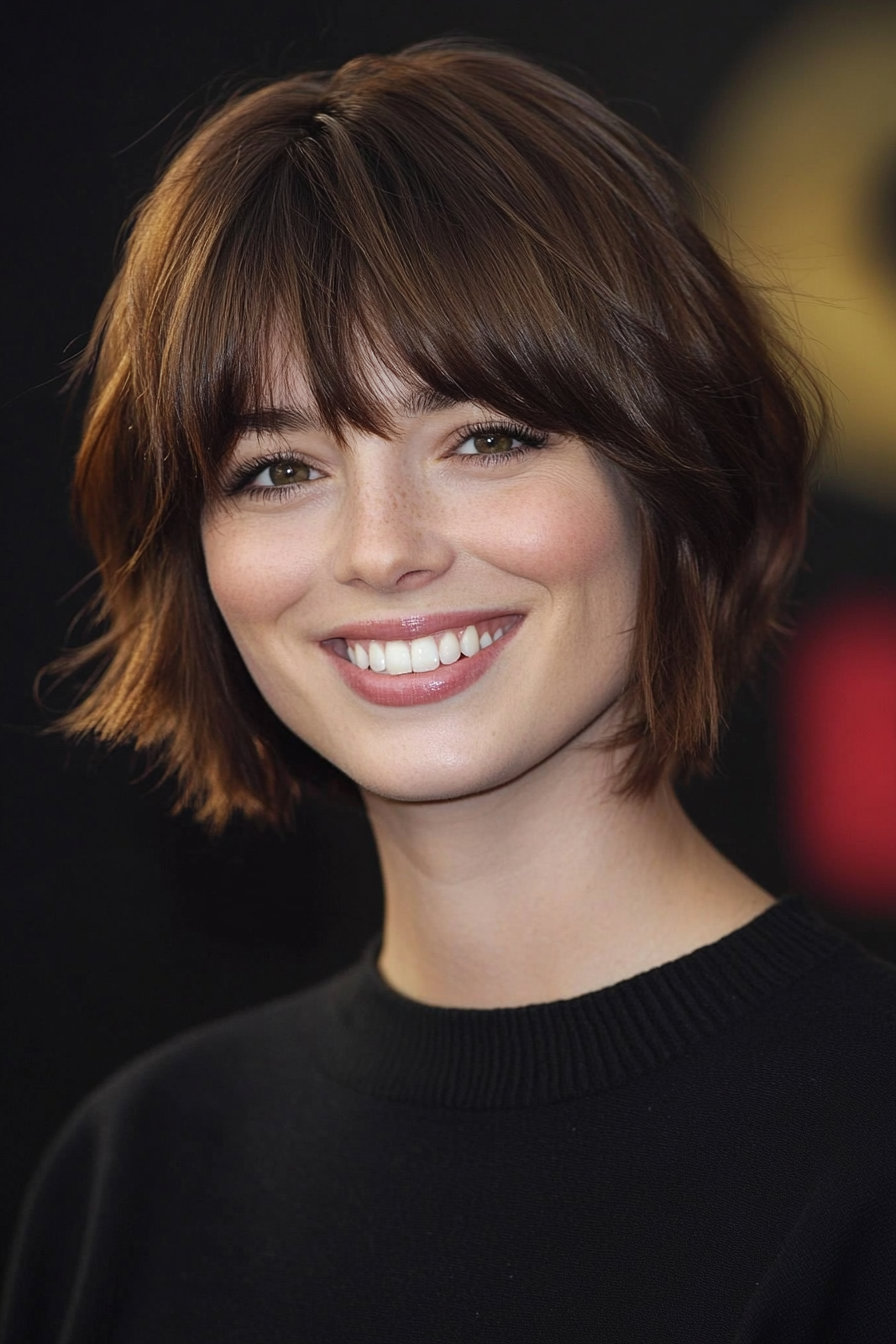 18. Mahogany Short Shag with Curtain Bangs (Short Grunge Haircuts With Bangs) - Short Grunge Haircuts With Bangs