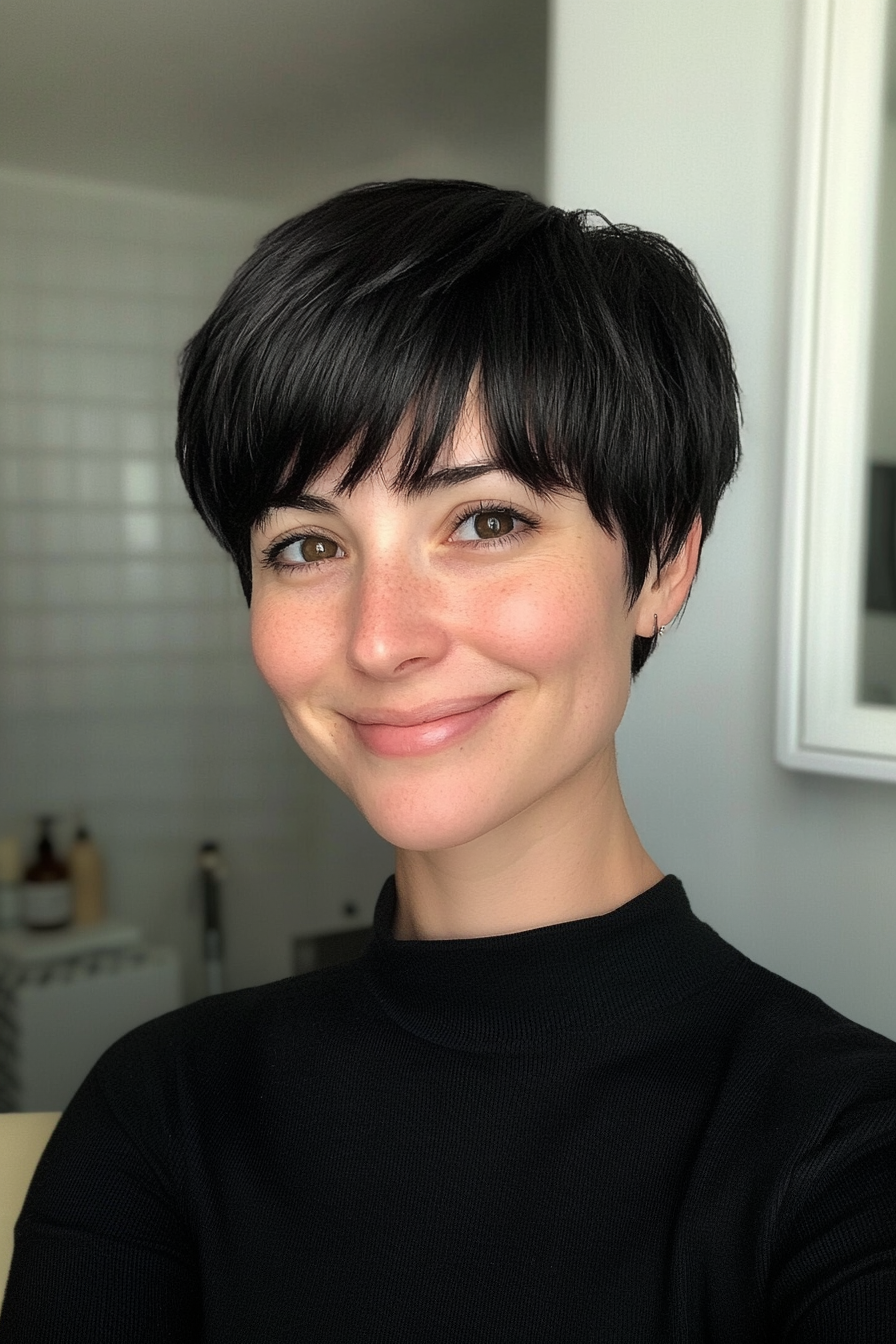 20. Natural Black Tapered Cut with Soft Bangs (Short Grunge Haircuts With Bangs) - Short Grunge Haircuts With Bangs