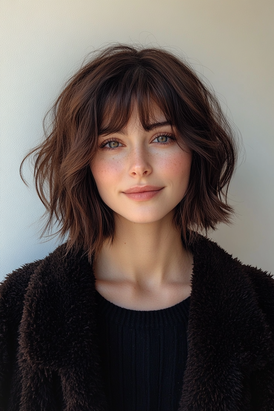 21. Sunlit Brunette Layered Bob with Baby Bangs (Short Grunge Haircuts With Bangs) - Short Grunge Haircuts With Bangs