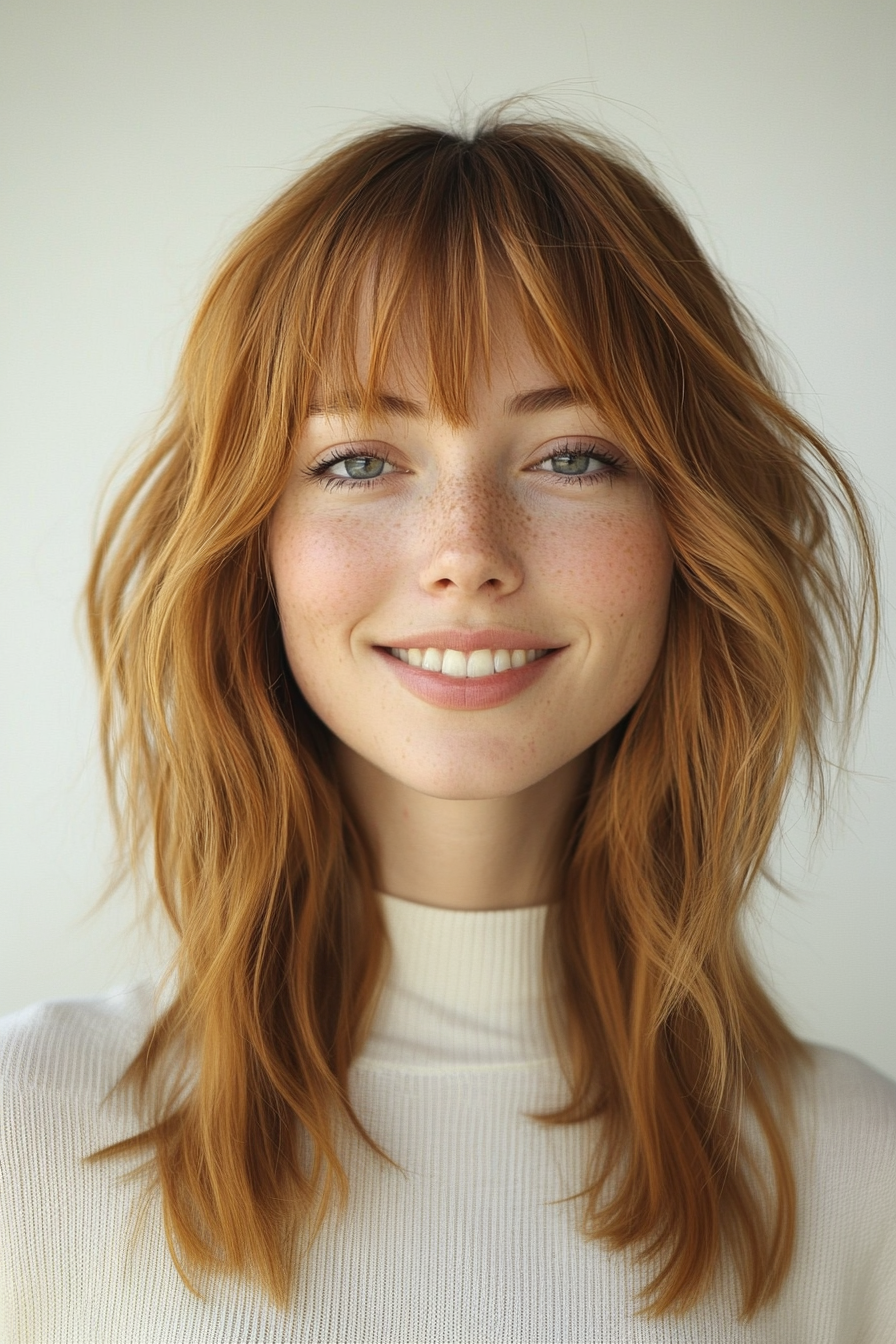 24. Golden Chestnut Undone Lob with Curtain Fringe (Short Grunge Haircuts With Bangs) - Short Grunge Haircuts With Bangs